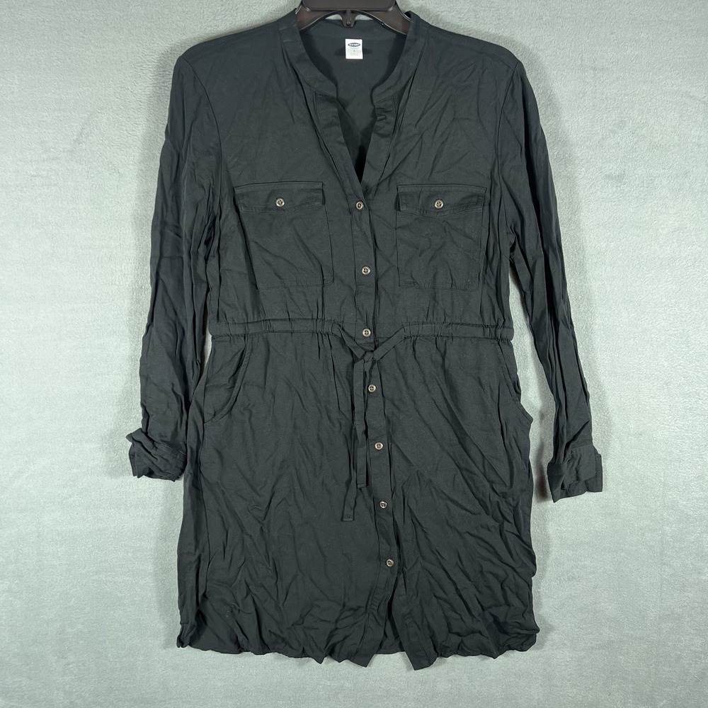 Old Navy Women's Black Rayon Shirt Dress Size S P Petite Drawstring Waist Button